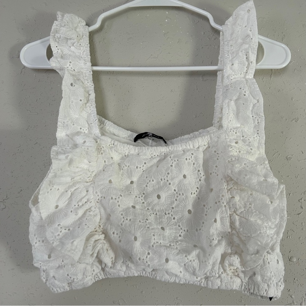 7 For All Mankind White Floral Ruffle Eyelet Crop Top Summer XL Large Bride